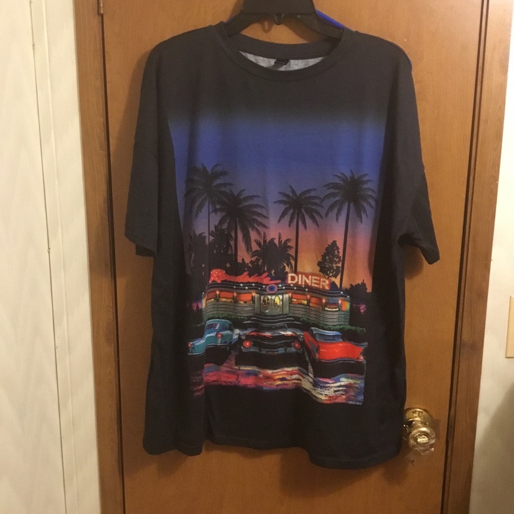 Shein Black Car Vintage 1980 Retro Diner Sunset Palm Tree Short Sleeve Shirt M